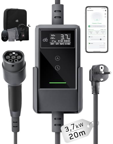 dé 3,7 kW elbilsladdare med app [20 m, 6–16 A] schuko laddkabel för elbil med väggfäste, digital LCD-laddare av typ 2, kompatibel med E-208, Model Y, E-Tech och andra elbilar/laddare med hybridteknik