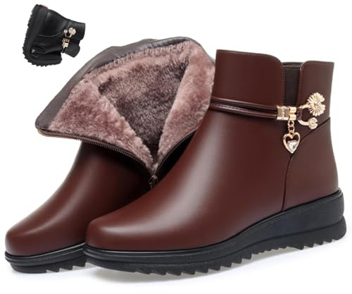 MAOAEAD Botas ortopédicas de lana de piel auténtica para mujer, botas de tacón de cuña con plataforma, cómodas, puntera redonda, impermeables, de piel cálida, botas de nieve para invierno, Marrón