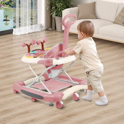 Baby Lauflernhilfe, Baby Walker Höhenverstellbar, Überrollsicherer Lauflernwagen mit Leisen 360°-Laufrädern, herausnehmbarer Esstablett, von 9 bis 18 Monaten,67 * 75 * 85cm – Rosa (A)
