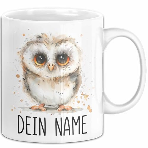 Eule Tasse mit Namen – Personalisierte Tasse Geburtstag Geschenkidee süßes Eulemotiv Niedlich Verspielte Namenstasse (Weiß)