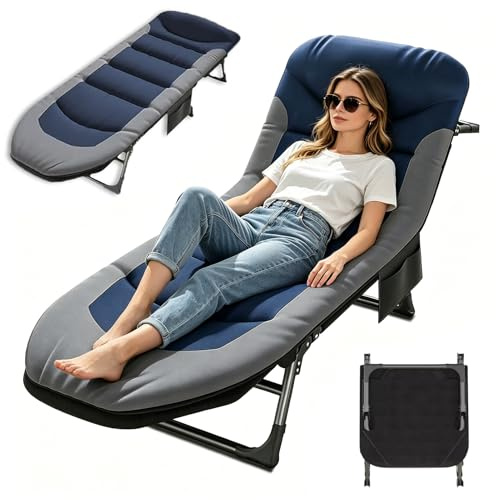 OVLRIJP Sonnenliege Klappbar Liegestuhl, 6-Fach Verstellbar Klappbare Gartenliege Campingliege mit Seitentasche, Feldbett Campingbett mit Matratze, Outdoor Liege für Balkon Garten Camping (Blau)