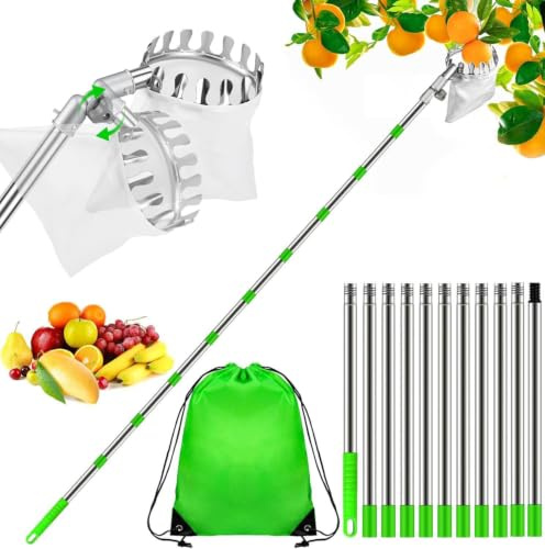 4.2m Obstpflücker mit Teleskopstiel, Apfelpflücker Obstpflücker, Kirschenpflücker mit Baumwollbeutel, Edelstahl Obstsammler für Kirschen, Kirschen Pflücker Pflaumenpflücker, Pflaumenpflücker (4.2m)