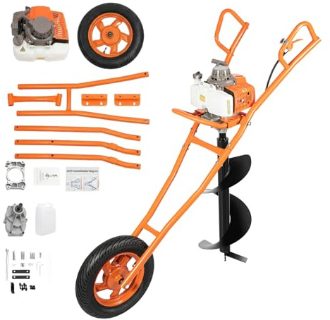 LENJKYYO Tarière Thermique 63cc 2 Temps 2,2kW, Tarière à Essence avec Roue, Forage 300mm, Tariere Thermique pour Perceuse de Terre, Outil Creuser Trou pour Agriculture Jardin