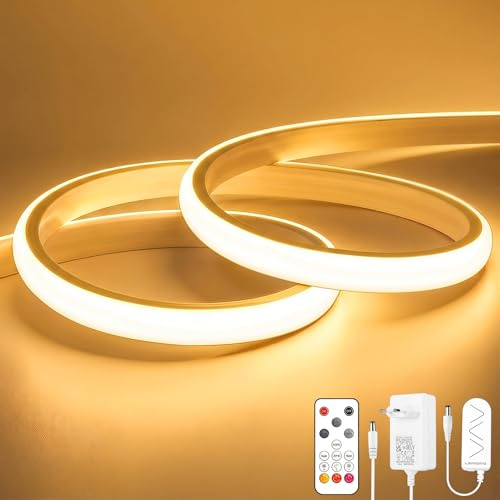 OYKYOHEI COB LED Streifen, Warmweiss Dimmbar Strip mit Fernbedienung, 3m | Selbstklebend, Schneidbar, Silikon, Flexibel, Wasserdicht, 3000K, 10mm Breit, 24V Neon Lichtleiste für Schlafzimmer, CRI90+