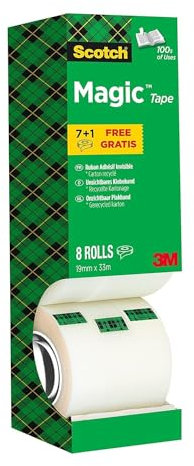 Scotch Magic Tape - Vorteilspack 8 Rollen, 19 mm x 33 m - Unsichtbares Klebeband für allgemeine Zwecke zur Reparatur, Etikettierung und Versiegelung von Dokumenten