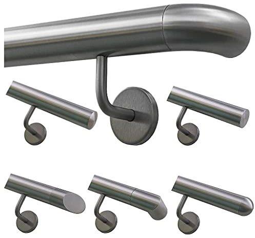 TIBU Handlauf Geländer Edelstahl Ø 42,4 mm - Länge 30 cm - Ende Bogen zur Wand und gewinkelte Halter - Rostfrei für Außen und Innen