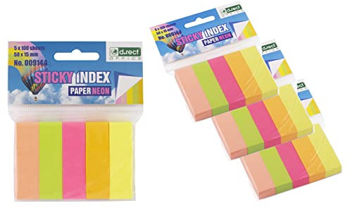 D.RECT Haftstreifen Pagemarker Index Haftmarker Film Textstreifen 15x50mm 5x100 Stück Neon Papier 12 Stück