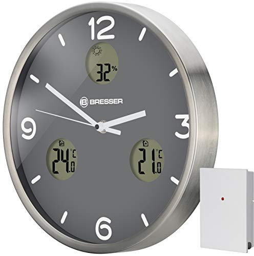 Bresser 8020211MGU000 MyTime IO NX Horloge Murale Radio-pilotée avec thermomètre et hygromètre Gris 30 cm de diamètre