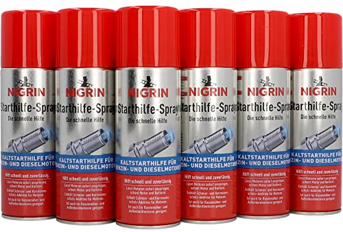NIGRIN Starthilfespray, 6 x 200 ml, Kaltstarthilfe für Benzin- und Dieselmotoren, mit Schmier- und Korrosionsschutz-Additiven