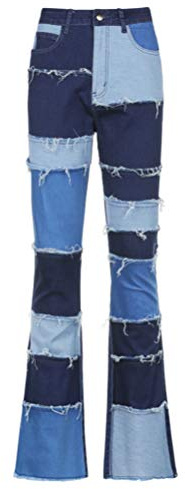 VALICLUD Women Patch Flare Jeans High Waist Bell-Bottom Pants Breathable Denim Trousers Casual Office Wear Stylish Flared Blue Pants