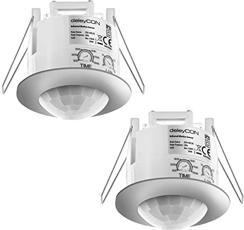 deleyCON 2X Infrarouge Détecteur de Mouvement de Plafond - Intérieur Portée 6m à 360° Luminosité Ambiante Réglable IP20 Montage Encastré Chrome