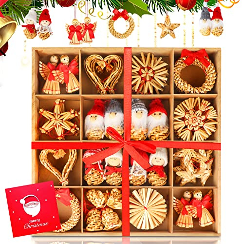 AQhui Natural Straw Xmas Tree Decorations - 52pcs with Personalised Trees, Handmade Snowflake Star Ornaments for Family Christmas