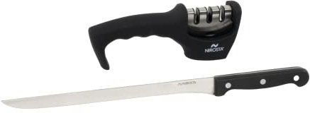 Fackelmann Set Cuchillo Jamonero Nirosta Mega 24/36 cm y Afilador de Cuchillos Nirosta 3 Pasos, mantiene los cuchillos siempre afilados para cortar lonchas finas de jamón