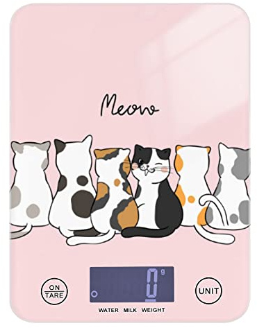Six Doodle Cartoon Cute Cats Sitting on Pink Tempered Glass Kitchen Scales, Digital Weight Grams and Oz Food Scales for Cooking Baking Meal Prep Home Weight Loss Health Diet