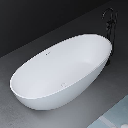 Mai & Mai Freistehende Badewanne Weiß matt 165x75x55 cm Oval Mineralguss Standbadewanne inkl. Pop Up Ablaufgarnitur