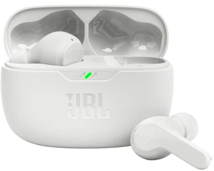 JBL Vibe Beam - True Wireless JBL Deep Bass Sound Earbuds, Bluetooth 5.2, Water & Dust Resistant, Hands-free call with VoiceAware, Up to 32 hours of battery life (White)