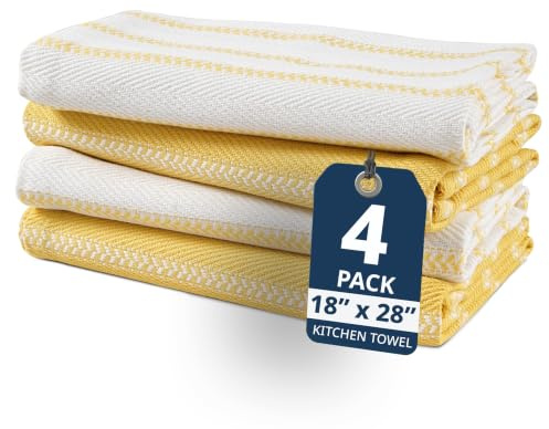 LANE LINEN Kitchen Tea Towels Set – 4 Pack (18” x 28”) 100% Cotton Dish Towels, Absorbent & Quick Drying Kitchen Cloth with Hanging Loop - Yellow