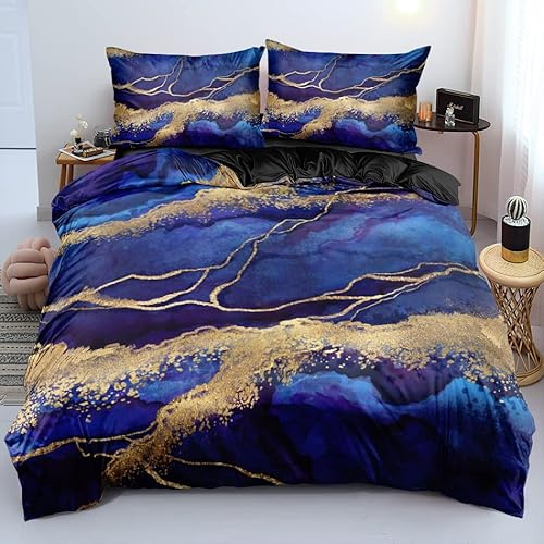 Luowei Bettwäsche 135x200 cm 4tlg Marmor Gold Blau, Mikrofaser | Oeko-TEX Atmungsaktiv Bettwäsche Set Modern Ästhetisches Design Bettbezug mit Reißverschluss und 2 Kissenbezüge 80x80cm