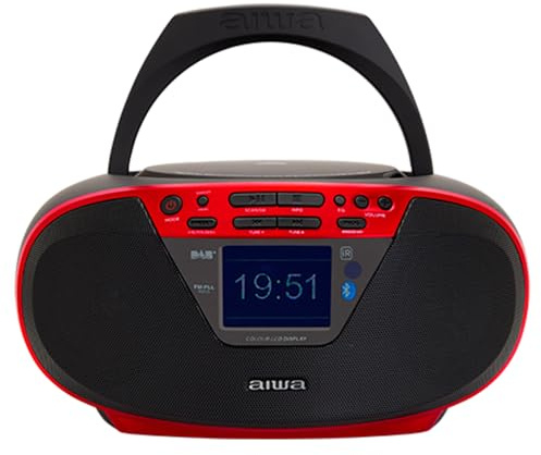 Aiwa BBTU-500DAB Boombox Portátil Bluetooth 5.0 | CD/MP3/USB/DAB+/FM | Pantalla LCD 2.4 a Color | Graves Potentes 2x3W RMS | Entrada AUX, Control Remoto, Función Despertador. Color: Rojo