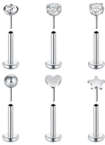 VF VFUN 16G 6Pcs Helix Piercings Diamant CZ Edelstahl Piercing Herz Stern Opal Lippenpiercing Ohr Conch Piercing Nasenpiercing Tragus Labret Piercing Studs 8mm für Frauen Männer Silber