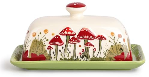 Fungi Fun Mushroom Butter Dish With Lid – Cute Cottagecore Ceramic Storage Container, Vintage French Covered Tray, Boho Farmhouse Kitchen Decor Gift, Unique Countertop Holder (White, Standard)