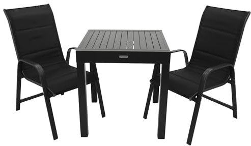 DEGAMO Gartengarnitur Alcudia 3-teilig, 2X Stapelsessel aus Aluminium anthrazit und gepolstertem Textilgewebe in schwarz + 1x Ausziehtisch Aluminium 70/140x70cm, anthrazit