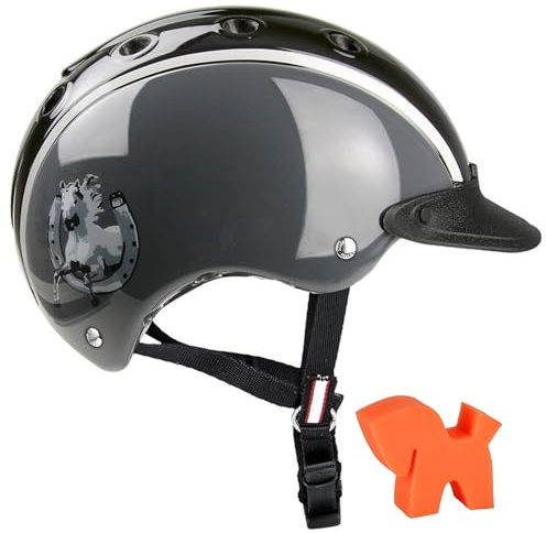 RL24 - Casco Kinder Reithelm Nori Hufeisen inkl. Putzschwamm – Mädchen & Jungen Reitkappe – Helm zum Reiten, Fahrrad- & Skifahren – Reiterhelm in Schwarz/Grau – Gr. S (52-56 cm)