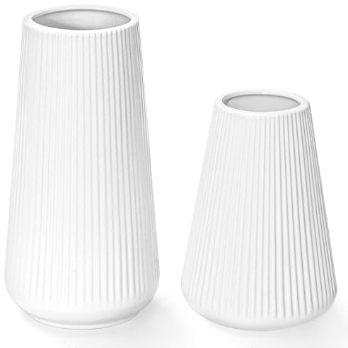 GUKJOB Vasen Deko- Vase Keramik mit Rillen, Vasen Set aus 2 Keramik Vase Weiß für Pampasgras Deko im Blumenvase, Matt Vase Klein, Boho Deko Modern für Home, Flur Deko,Tischdeko,Trocken Blumen Flower