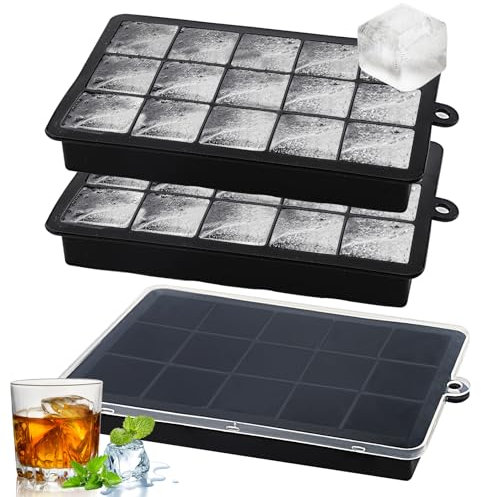 Euleryoo 3 Piezas Cubiteras para Hielo de Silicona con Tapa, Bandejas de 45 Cubitos de Hielo Cuadrados Grandes, Apilables Moldes de Silicona para Cócteles, Whisky, Vino, Puré de Frutas (Negro)
