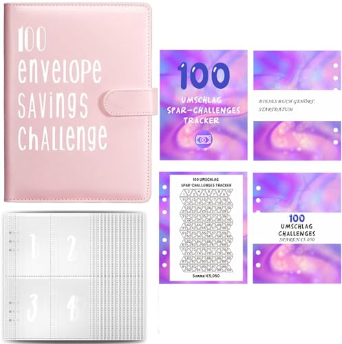 Budget Planner Deutsch A5 Budgetplaner Geld Organizer Ringbuch Finanzplaner Haushaltsbuch Sparen Mappe 100 Envelope Challenge Binder, Cash Stuffing Startset (Rosa)