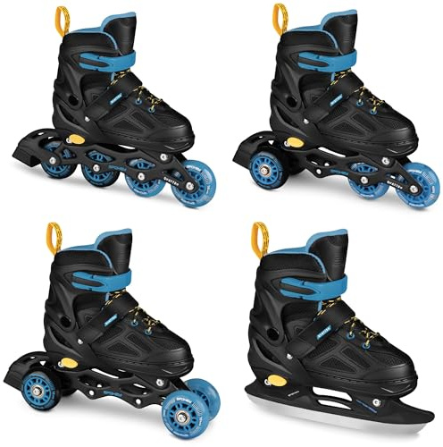 SPOKEY QUATTRO Set 4-i-1 inliner/rullskor/triskateboard/skridskor justerbar | för barn och tonåringar | Inline-skridskor kan omvandlas till rullskridskor | Storlekar: 30-33, 34-37, 38-41 (svart/blå,