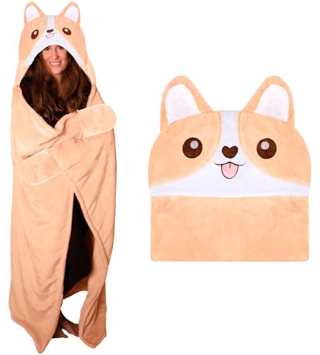 ZQEJEFD Coperta Indossabile con Maniche e Cappuccio, Donna e Uomo, Flanella per Divano, Regalo Compleanno Natale, TV Blanket, Corgi, 168 x 196 cm