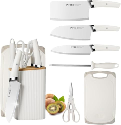 Professional Kitchen Knife Set, 7 Pieces Kitchen Knife Block Set with Cutting Board, Sharp Stainless Steel Cooking Knife Set with Ergonomic Handle, Kitchen Knife Block Set for Chopping Cutting (White)