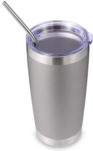 Volhoply 600ml（20oz） Thermobecher mit Deckel und Strohhalm,Doppelwandiger isolierter Reise-Eiskaffeebecher Passend für Auto-Tassenhalter,Pulverbeschichtete Becher für heiße und kalte Getränke,(Grau,1)