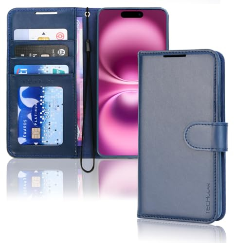 TECHGEAR iPhone 16 Leather Wallet Case, Protective Flip Case Cover with [RFID BLOCKING] Wallet Card Holder, Stand and Wrist Strap - Blue PU Leather with Magnetic Closure for iPhone 16 6.1