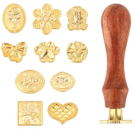 Wachssiegel-Stempel-Set, Einschließlich 10 Arten von Siegelwachs Stempelköpfen und 1 Holzgriff Goldenes Siegelwachs-Stempel-Set für Umschläge, Grußkarten, Geschenke, Dekoration (Stil 1)