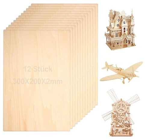 SperrholzPlatten, 12 Stück Balsa Holz Platten, 300x200x2mm Birkensperrholz, Holzplatten Basteln, für Handwerkliche Dekoration, Gravieren, Flugzeugmodelle, Holzhaus Modell