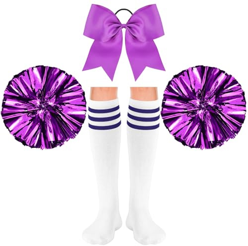Sinmoe 4er Set Halloween Cheerleader Kostüm Zubehör 2 Cheerleading Pompons aus Metallfolie 1 Groß Haarschleife Cheerleader Haar Bögen 1 Paar Sport Therme Kniestrümpfe für Tanz Wettbewerb (Lila)