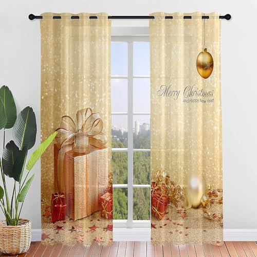 Odot Natalizie Tende per Interni 2 Pezzi con Occhielli, Tende Voile Semi Trasparente Regalo di Natale Stampa Tende Moderno per Camera da Letto, Cucina, Soggiorno, Balcone (140x275cm,Oro)