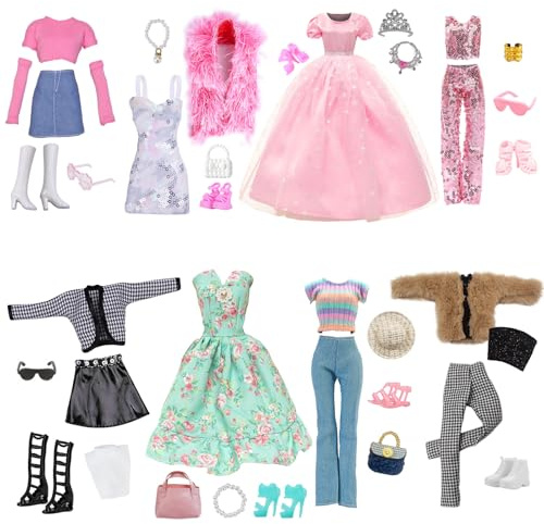 28 Piezas de Ropa y Accesorios, 8 Juegos de Ropa Elegante, Vestido de Princesa, Trajes de Vestir, 8 Pares de Zapatos, 12 Accesorios, Bolsa, Sombrero, Gafas, Coronas, Joyas, muñecas de 11.5 Pulgadas