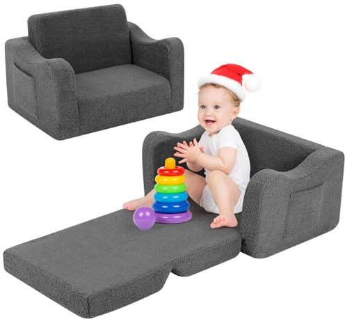 Kidirect Kindersofa Ausklappbar 2 in 1, Kinder Sofa Kinderzimmer aus Samt mit Schaumstoff, Kindercouch Kindersofa mit 8cm dicken Armlehnen, Sofa Kinder für Kuschelecke Kinderzimmer, Grauer Teddy-Stoff