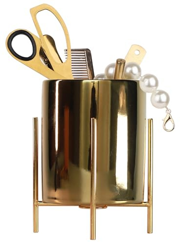 LOUIE SILNA Porte-stylo rond en céramique avec porte-crayon doré, support de rangement de bureau, porte-pinceaux de maquillage, adapté pour le bureau, la maison, la salle de classe