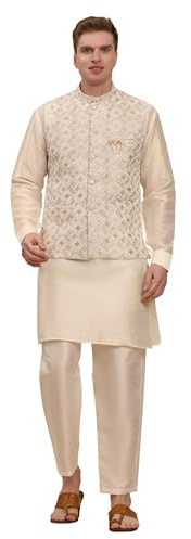 Pro-Ethic Style Developer Mens Indian Traditional Silk Kurta Set With Jacket For Men Floral Design (C-112) Cream X Large