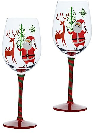 Copas de vino de Papá Noel, 2 piezas, copas de vino navideñas pintadas con Papá Noel, copas de vino de cristal con diseño de acebo navideño for fiestas navideñas y celebraciones festivas