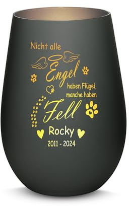 Gravur-Max Haustier Trauerlicht mit Gravur Nicht alle Engel haben Flügel, Manche haben Fell mit Wunschname und Pfote mit Einer hochwertigen Lasergravur in der Farbe Schwarz/Silber