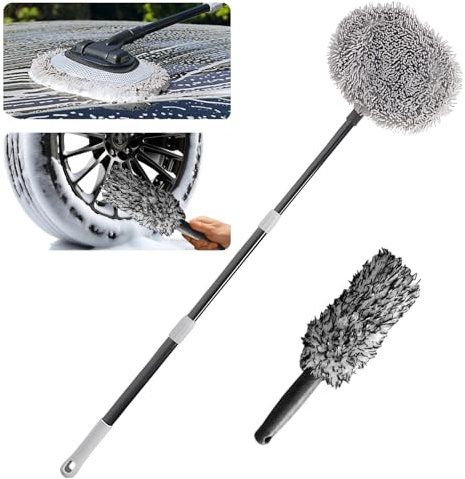 YYBAO Car Wash Mop with a Wheel Brush, 120CM Telescopic Car Wash Brush Long Handle, 120° Rotating Cleaning Brushes with Replaceable Microfiber Mop Heads, Car Washing Mop for Vehicles, Boat, Home