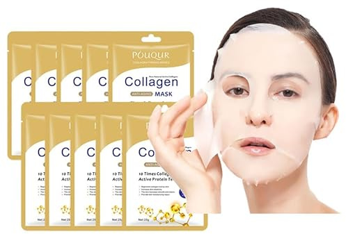Maschera viso anti-rughe, collagene reale, maschera in tessuto, set da 10 maschere per il viso, collagene, pellicola inversa solubile, collagene con collagene idrolizzato