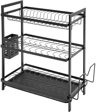 Escurreplatos de acero inoxidable de 3 niveles con rejilla de goteo y cesta, escurreplatos inoxidable para cocina y fregadero, almacenamiento que ahorra espacio con 3 niveles, marco de metal estable y