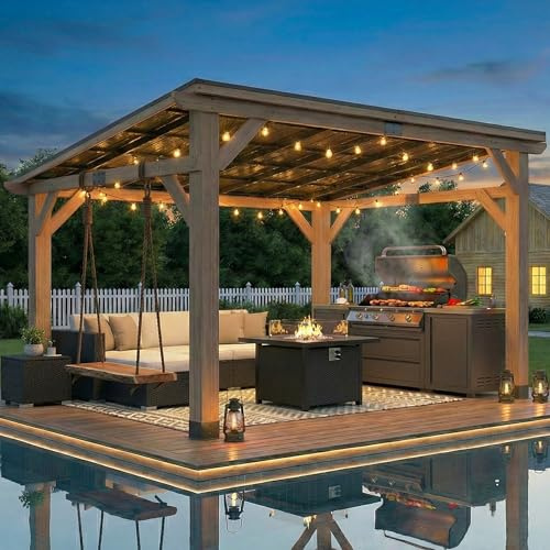 CHARMELEON Zedernholz-Gazebo 3,05 x 3,66 m, Holz-Grill-Gazebo mit geneigtem galvanisiertem Stahldach, dauerhaftes festes Terrassenpavillon für draußen, Hinterhof, Garten, überlegene Schnee- und