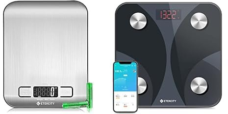 ETEKCITY Küchenwaage digital 5KG, LCD-Display, Edelstahl Wiegefläche, Flüssigkeitsmessung, Tara-Funktion, 1g genau, Silber + ETEKCITY Körperfettwaage Bluetooth, APP, Körperanalyse, BMI, 180kg, FIT8S